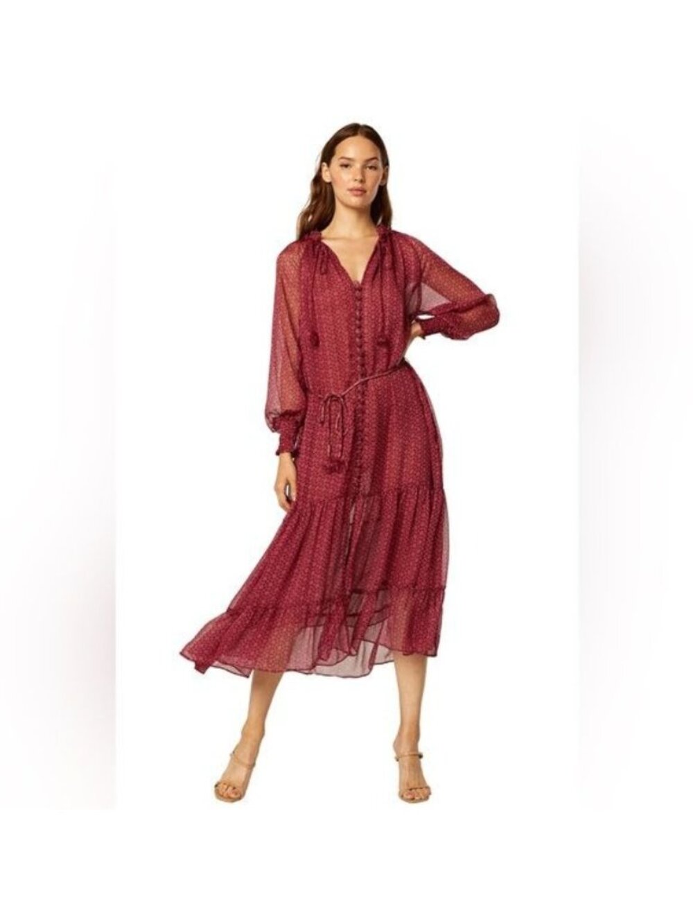 Misa LA Louisa Dress Cardinal Tile Long-Sleeve Sheer Maxi Tiered Skirt Sz M NWT